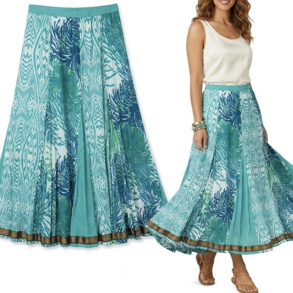 Soft Surroundings Eternal Beauty Boho Patchwork Cotton Maxi Skirt Blue Teal Sz M